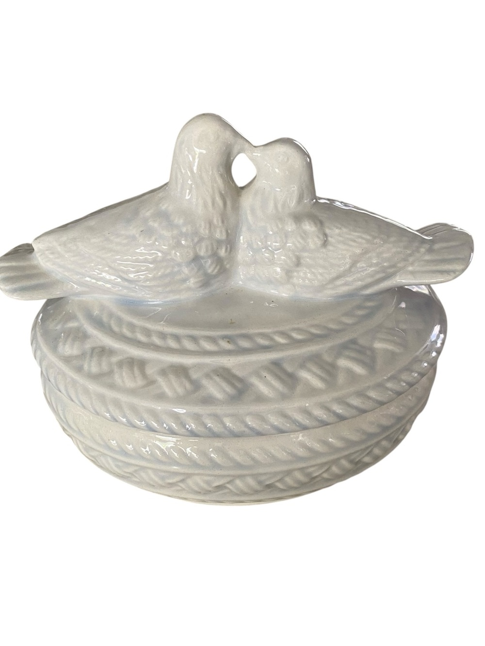 Vintage Handmade Ceramic Lidded Dish with Doves
